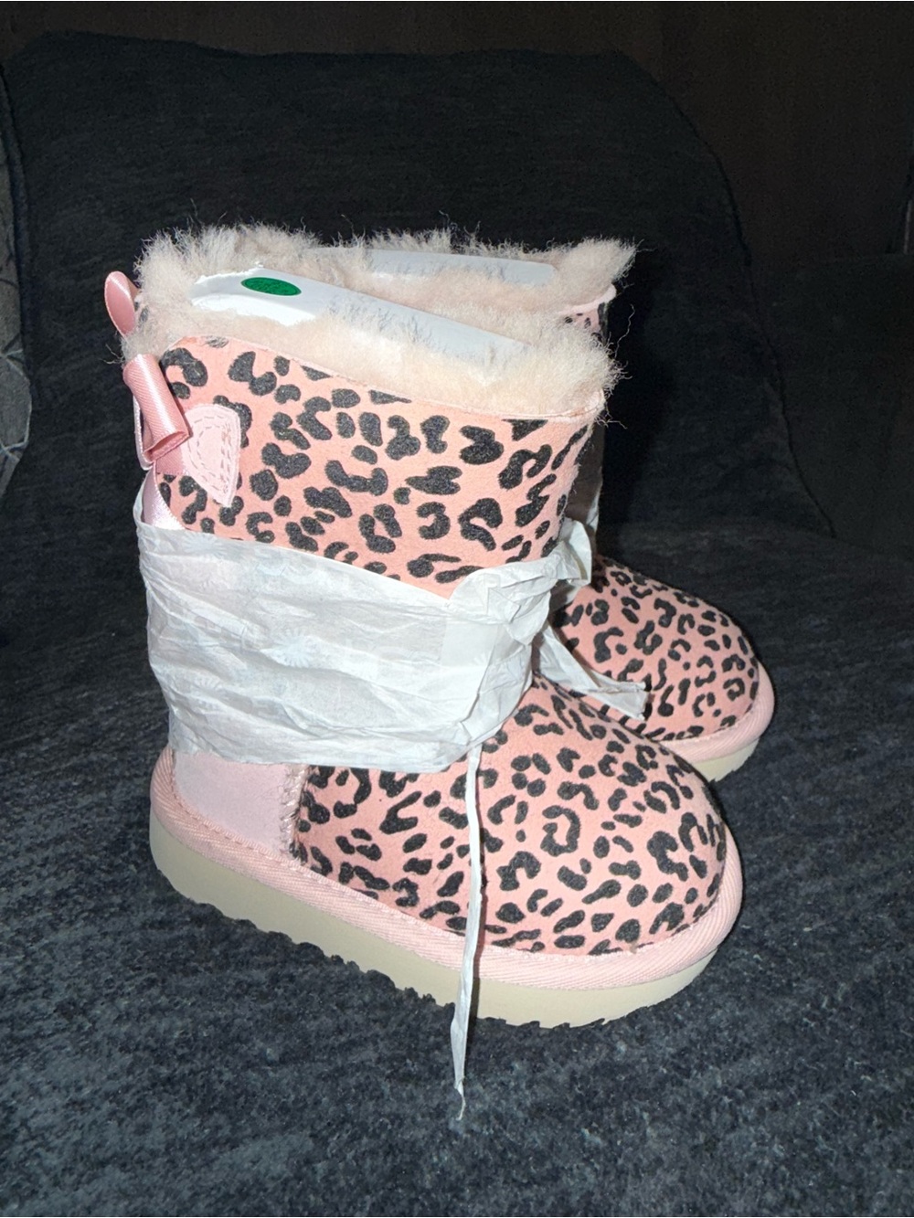 UGG Kids Pink Leopard Print Fur Boots Size 6 Satin Bow NWT/NWOB